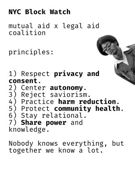 NYC Block Watch @NYCBlockWatch NYCBlockWatch@proton.me Organize workshops for your neighbors on how to respond safely to community emergencies. NYC Block Watch is a coalition of NYC-based community defense, mutual aid, and legal aid groups.